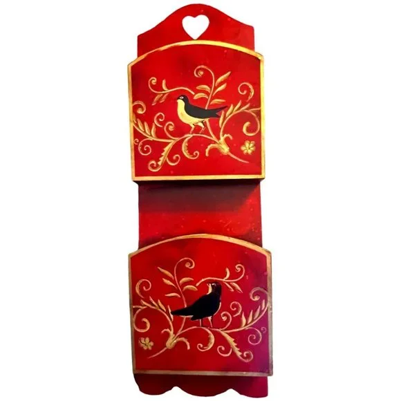 Handpainted Wooden Mail Caddy Heart Cutout Scalloped Edge Attached Hangers 18" T - Picture 2 of 12